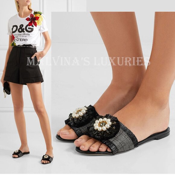 DOLCE & GABBANA SHOES RAFFIA SLIDES CRYSTAL EMBELLISHED sz 37.5 7.5 - Picture 1 of 10